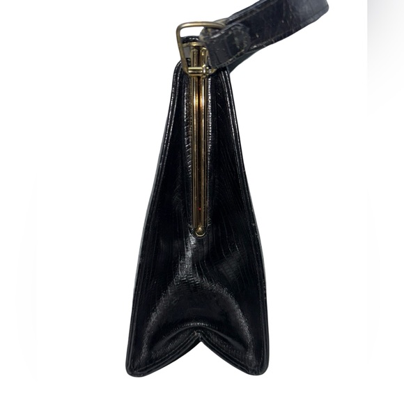 Vintage Black Leather Kelly Bag Reptile Embossed Structured Handbag - Picture 8 of 10